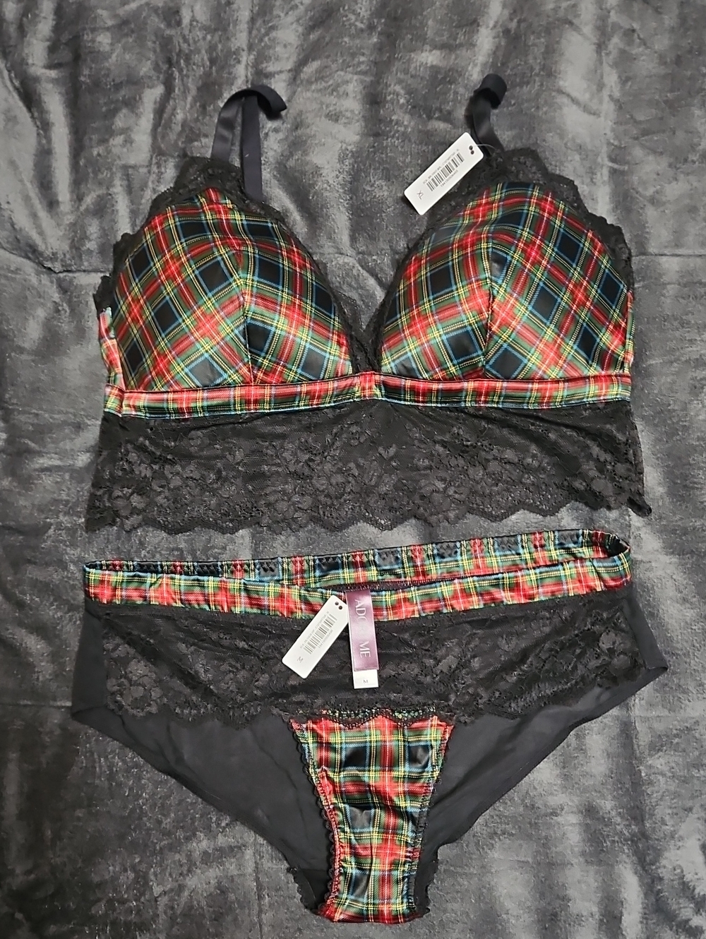 Adore Me Black Bralette & Brief Set with Red Plaid
